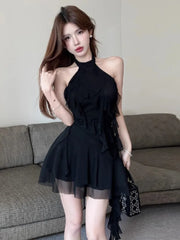 Hnewly Fashion Halter Ribbon Backless Black Dress Women Korean Sexy Off Shoulder Slim Fit Irregular Ruffles Party Club Dresses