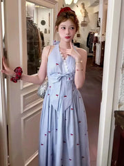 Hnewly Stripe Print Halter Neck Dress Women Summer Sexy Backless Bow Female Midi Dress Y2K Sweet Lace Patchwork Midi Vestidos Mujer