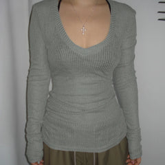 Hnewly Slim-fitting Knitted Crop Top Solid Micro-transparent T-shirt Smock Women Sexy Full Sleeve V-neck Tees Shirts Y2k Vintage