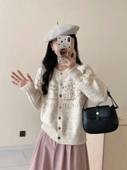 Hnewly Cute Cartoon Cardigan Sweater for Women Long Sleeve Crew Neck Button Up Knitted Jacket Knitwear Teen-girl Fall Winter Outfit