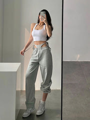 Hnewly European Retro Casual Style Solid Color High Waist Trend Women's Loose And Thin Harem Pants Fake Two-piece MJK8