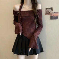 Hnewly Y2K Sexy Slash Neck T Shirt for Women Korean Elegant Off Shoulder Irregular Female Tops Fashion Tie Dye Long Sleeve Pullovers