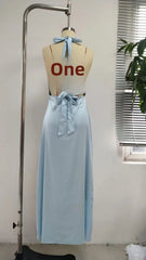 Hnewly Sexy Slim Fit Evening Dress Pure Color V Neck Cross Border Women's Dress Hanging Neck Style Ankle Length Regular Waist Line