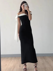 Hnewly Slash Neck Dress Women Y2K Chic Tassel Bandage Sleeveless Skinny Stretch Elegant 2025 Summer Trend Slim Maxi Bodycon