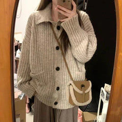 Hnewly Slouchy Knit Cardigan for Women Rib-knit Pockets Front High Neck Button Up Sweater Jacket Coat Female Autumn Winter Basic Outfit