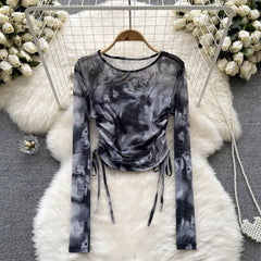 Hnewly Sexy Harajuku Tie Dye Drawstring Mesh Sheer Tops Long Sleeve Thin T Shirt Printed Slim Tops Summer Casual T Shirt Blouses Women