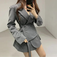 Hnewly Premium Spring Double Belt Black Suit Coat Women Thin Irregular Fake Two Piece Waist Slimming A-line Short Suit Dress for Women