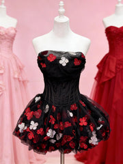 Hnewly Summer New Birthday Banquet Coming-of-Age Gift Sweet Women's Pink Blue Black Apricot Flower Applique Short Puffy Dress