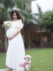 Hnewly Elegant White Maternity Photoshoot Dress Off Shoulder Chiffon Maxi Gown Pregnancy Photography Outfit Baby Shower Studio Wear