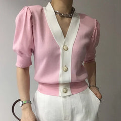 Hnewly Summer Elegant Puff Short Sleeve Cardigan Office Lady 2023 Korean Contrast Single Breasted V-Neck Casual All-Match Knitted Tops
