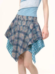 Hnewly Irregular Patchwork Tie Dye Blue Plaid Skirts 2025 Summer New Skirt for Women Y2k High Waist Ruffles Faldas Sexy Mujer