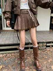 Hnewly Vintage Y2k Leather Skirt Women Sexy Punk Pleated Skirt Brown Retro High Waist Fashion Streetwear A-line Mini Skirts