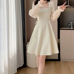 Hnewly A-line Women Dressse Chiffon Sleeves Spring Autumn Solid Elegant Mini Dress Bandage Korean Fashion Vestidos Mujer