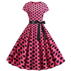 Hnewly Summer Vintage Women's round Neck Cover Sleeve Polka Dot Maxi Dress with Black Silk Cotton Lined Cleanfit mid Waist Dress