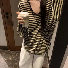 Hnewly FALL OUTFIT Harajuku Y2k Top Black Apricot Striped T-Shirt 2024 Autumn Baggy Casual Long-Sleeved Top Woman Clothes Grunge Korean Fashion