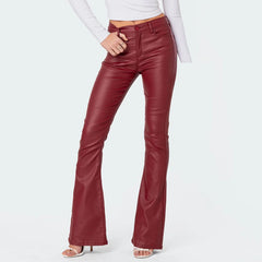 Hnewly leather pants outfits winter Women Fashion PU Leather Pants Women Flare Long Pants Solid Color High Waist Skinny Push Bell Botom Female Casual Trousers