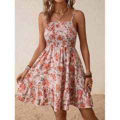 Lunivop Women's Floral Print Spaghetti Strap Dress Smocked Waist Ruffle Hem Mini Dress