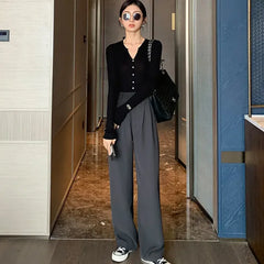 Hnewly Brown Loose Summer Women's Suit Pants Wide Leg Brown Fluid High Waist Casual Dress Pants Ice Silk Straight Female Trousers