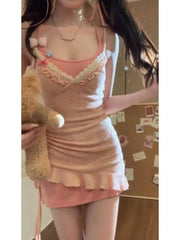 Hnewly Vintage Sweet Kawaii 2 Piece Sets Dresses Women Retro Lace Neckline Irregular Slip Dress Evening Party Japanese Suits