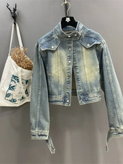 Hnewly Women Standing Collar Denim Short Jacket Washed Polished White Retro Motorcycle Outwear Spring Fashion Slim Long Sleeved Top