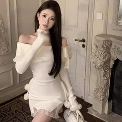 Hnewly Christmas DRESS TO IMPRESS Slash Neck Halter Knitting Dresses Female Autumn Winter Christmas Red Tight Dress Women Clothes Slim Lacing Mini Dress New