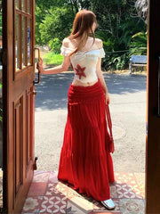 Hnewly Sexy Slash Neck Slim Tops 2 Piece Sets Y2K Femme Summer One Shoulder Tight Crop Tops High Waist Chic Patchwork A Line Skirt Suit