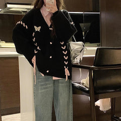 Hnewly y2k Sweaters 2000s Women Butterfly Print Side Drawstring Single Breasted Long Sleeve Loose Cardigan Tops Streetwear