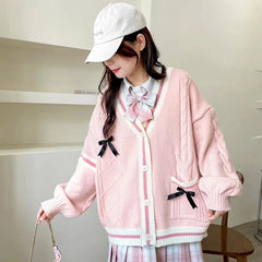 Hnewly Pink Sweet Women Cardigan Korean Bow Knitted Long Sleeve Female Sweater Jk Preppy Style New Kawaii V Neck Ladies Casual Coats
