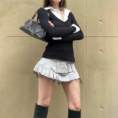 Hnewly Patchwork Fake Two-piece T-shirt Vintage Stitched Streetwear Top Women Y2k Full Sleeve tshirts 2000s Aesthetic Autumn Tops