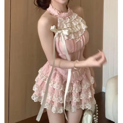 Hnewly New Japanese-Korean Lolita Sweet Lace Butterfly Knot Sleeveless Tops+High Waist Cake Mini Skirt Women 2-Piece Summer Outfit