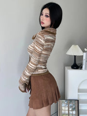 Hnewly Striped Knit Sweater Cardigan Y2K High Street Women Autumn Turn-down Collar Zipper Sweaters Coat Female Casual Korean