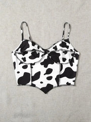 Hnewly Summer Sexy Women's Cow Print Ruffled Tank Top Print Contrast Stitching Camisole Tank Top