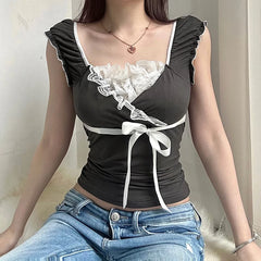 Hnewly y2k Ruched Lace Patchwork Cropped Top Women Chic Bandage Bow Contrast T Shirts 2000s Vintage Clothing Ladies Harajuku Tee