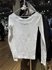 Hnewly New Lace Patchwork Sweet Long Sleeve T Shirt For Women Sexy Scoop Neck Slim Cotton Tees Tops Vintage Solid Simple T-shirts Y2k