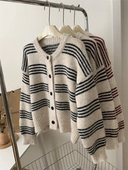 Hnewly Women Cardigan Sweater Striped Crew Neck Button-up Sweater Jacket Comfy Cozy Slouchy Cardi Autumn Winter French Chic Outfit