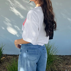 Hnewly Summer White Short Sleeve T-shirt Casual Crewneck Chic Print Loose T Shirts for Women Streetwear Basic Tees y2k Vintage