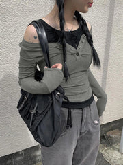 Hnewly Contrast Patchwork Top for Women Y2K Harajuku Off Shoulder Long Sleeve T Shirts Autumn Knitted Pullover Tees Korean