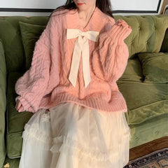 Hnewly Bow Tie V-Neck Sweater Women Twist Loose Lazy Pink Lantern Sleeve Knitted Pullover Solid Fashion Pretty Style Female Jumpers