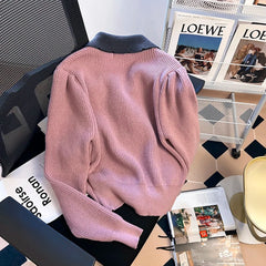 Hnewly Women's Spring Autumn Sweater New Elegant Grey Lapel Long Sleeve Single Breasted Slim Fashion All-Match Short Coat