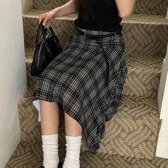 Hnewly Preppy Style Plaid Print Skirt Grey Low Rise Loose Irregular A-line Midi Skirts Women Harajuku Clothes y2k Streetwear New