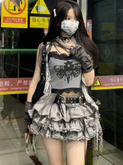 Hnewly Fashion Sweet Lace Slim Fit Camisole Tops Women+ Y2k Kpop High Waist Ruched Cake Skirts 2025 Summer New Two Piece Sets