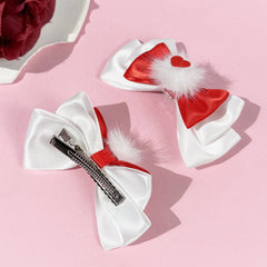 Hnewly 1 Pair Red Heart & Pom-pom Bow Hair Clips, Sweet & Girly, Valentine's Day Hair Accessories, Cute & Versatile Side Clips for Pigt