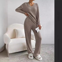 Hnewly Women's Straight Leg Pants Set Knitted Long Sve Casual Sle Autumn Collection Pure Color Two-Piece Suit Workwear orm