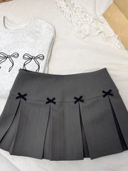 Hnewly Preppy Style Pleated Skirts Classical Grey 2000s Aesthetic High Waist A-Line Skirt Bow Kawaii Girls Elegant Japanese Streetwear