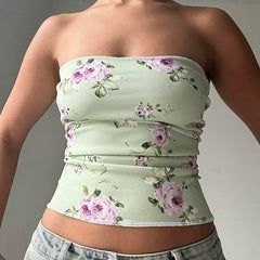 Hnewly Retro Cute Floral Print Tube Top Women Casual Kawaii Skinny Crop Tops for Summer Holiday Vintage 2000s Tee Aesthetic Lady