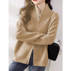 Hnewly Women's Zip Up Sweater Cardigan Cozy Knit Stand Collar Zipper Front Plain Sweater Jacket Female Korean Chic Fall Winter Outfit