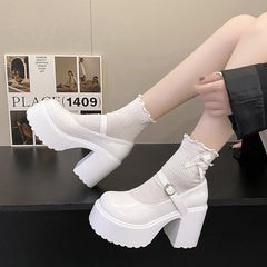 Hnewly Chunky Platform High Heels Pumps Women Autumn Pu Leather Ankle Buckle Mary Jane Shoes Woman Thick Heeled White Lolita Shoes