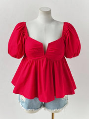 Hnewly Plus Size Women's Pleated Deep V-Neck Red Casual Elegant Short-Sleeved Top Solid Colour Girlish Casual Casual Resort Wear