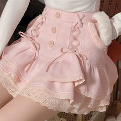 Hnewly Japanese lolita kawaii clothes pink mini skirt with shorts Lace High Waist korean style women 2025 new fall White skirt fluffy