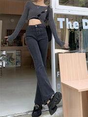 Hnewly Black Gray High-waisted Flared Jeans Women's Retro Straight Elastic Slim Slim Wide-leg Flared Pants Female Trousers